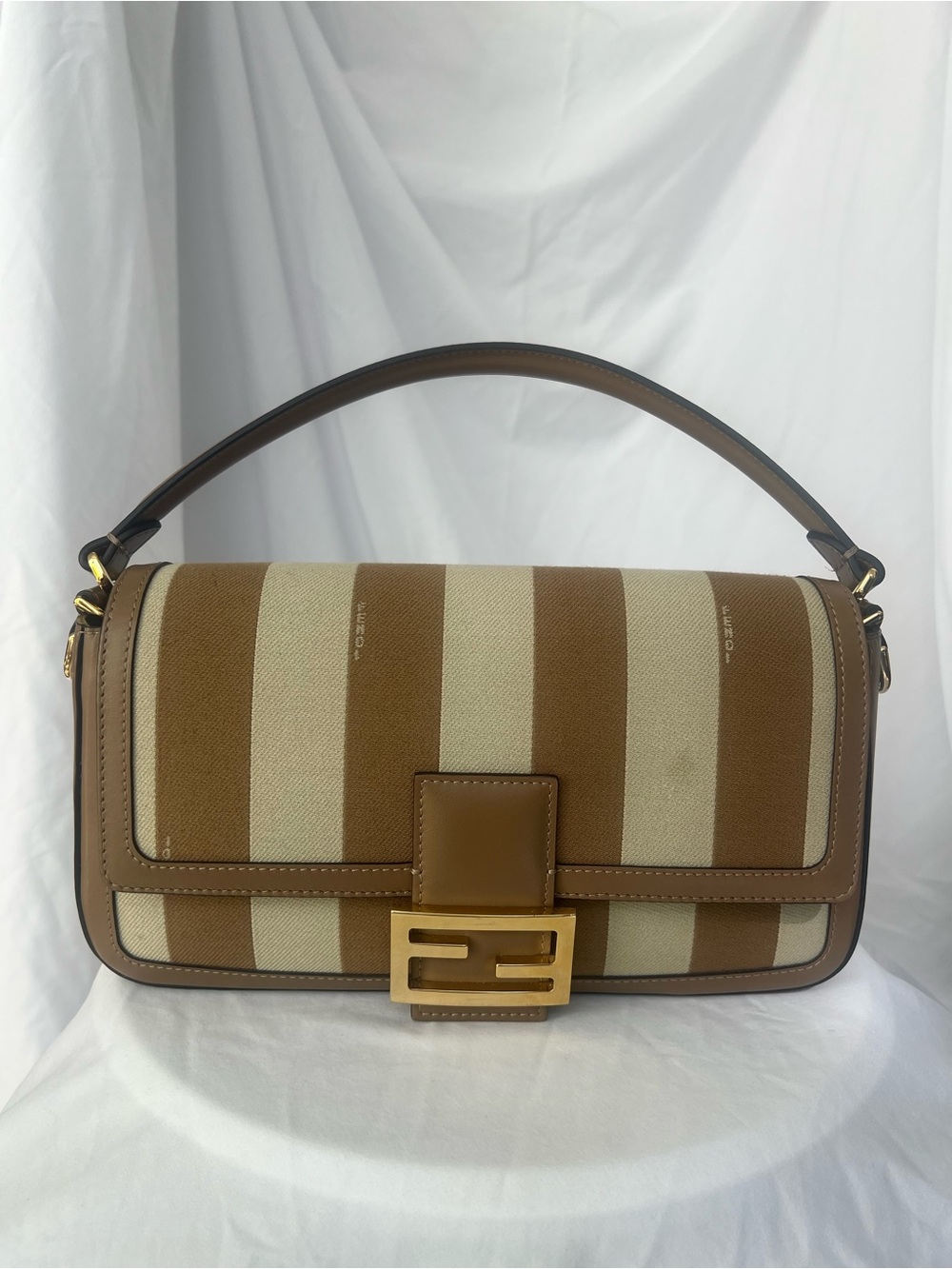 FENDI Brown and Cream Striped Pequin Baguette Shoulder Bag